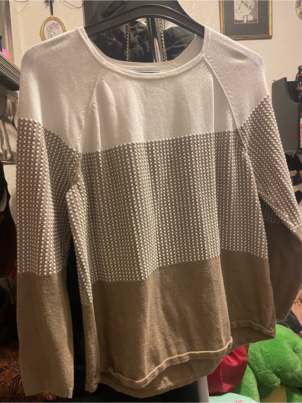 Karen Scott White and Taupe Colorblock Crewneck Sweater